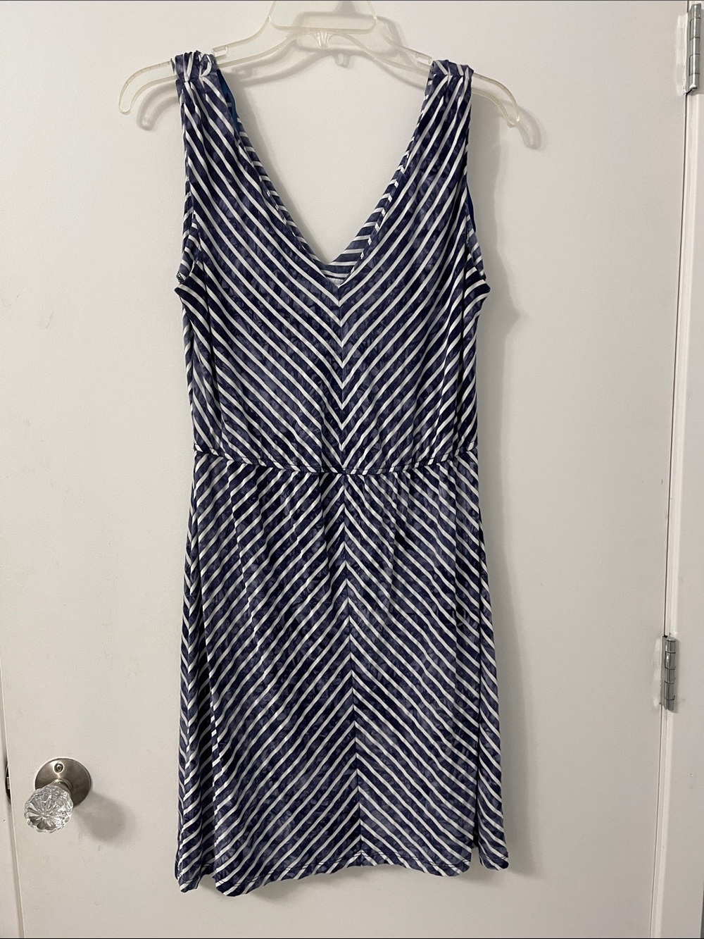 Alyx Navy and White Diagonal-Stripe V-Neck Dress